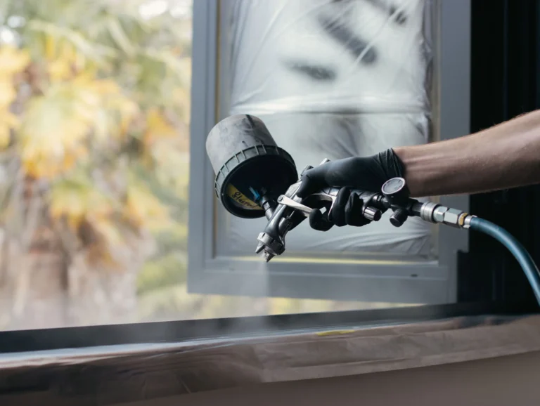 Nano-Clear NZ technician spray-applying a protective coating to an interior aluminium window frame, with surrounding surfaces carefully masked for a precise, professional finish.