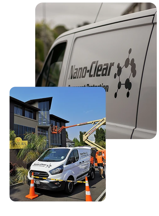 Nano-Clear NZ branded service vehicles on-site at a commercial building, with technicians using elevated access equipment for professional aluminium joinery restoration and protective coating work.