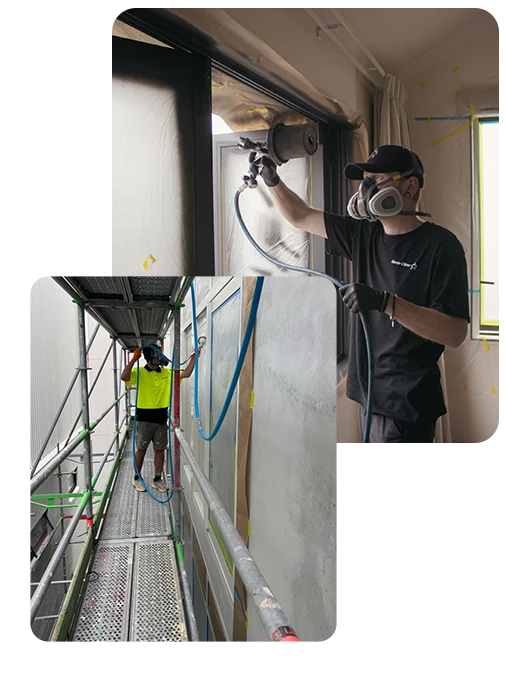 Nano-Clear NZ technicians applying protective coatings to commercial aluminium window frames, showcasing professional on-site commercial joinery rejuvenation and recolouring using specialist spray equipment and scaffolding.