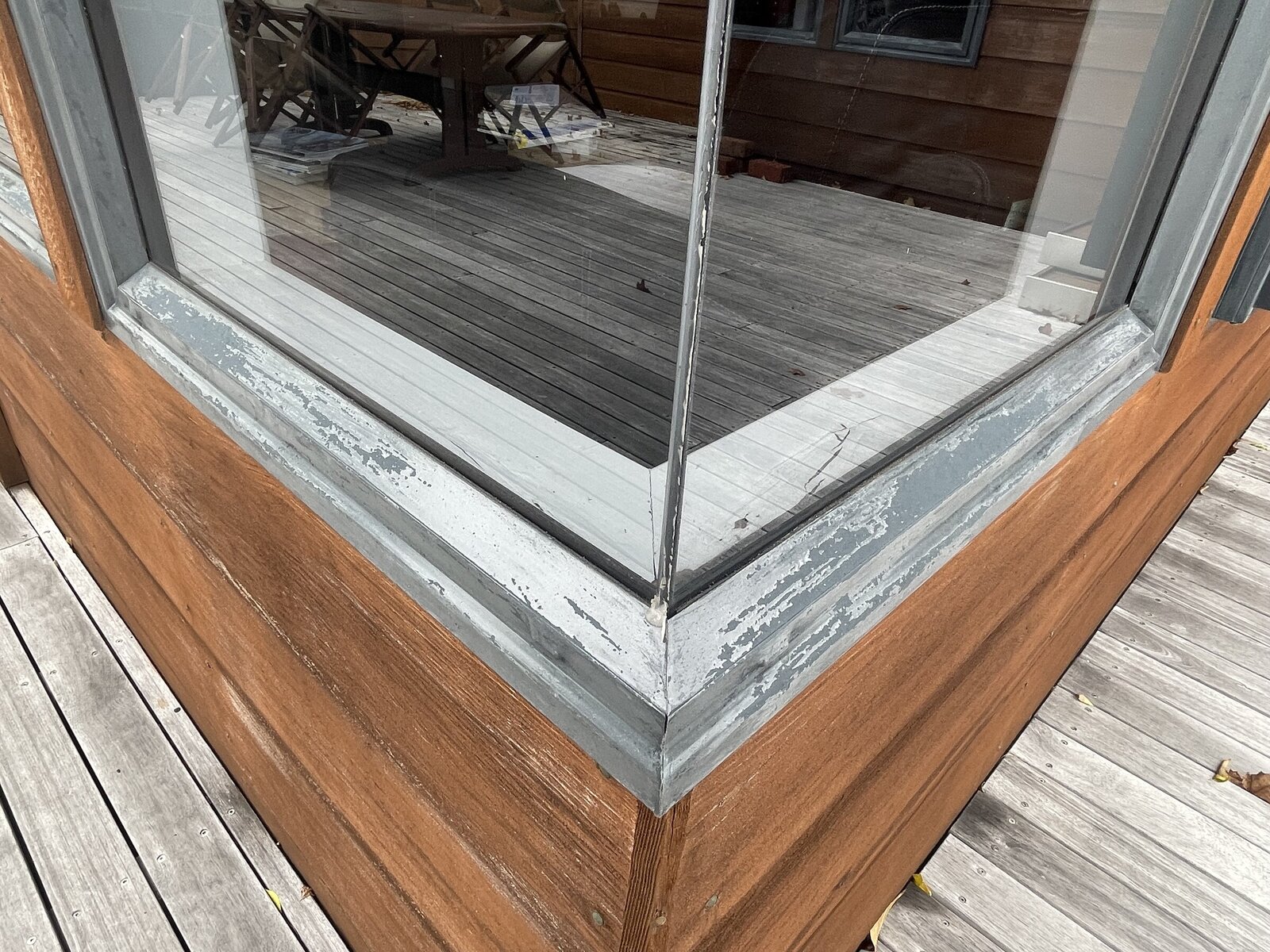 Faded aluminium joinery before Nano-Clear rejuvenation
