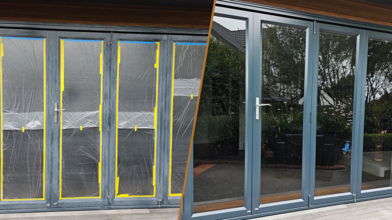 Powder-coated aluminium joinery before-and-after Nano-Clear treatment comparison.