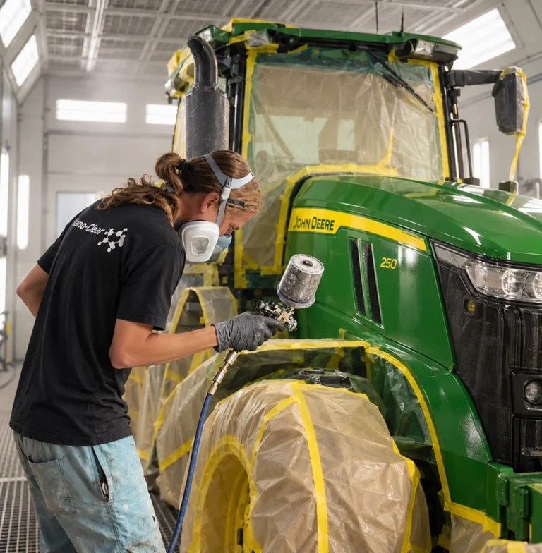Nano-Clear NZ technician spray-applying a protective coating to a tractor, with surrounding surfaces carefully masked for a precise, professional finish.