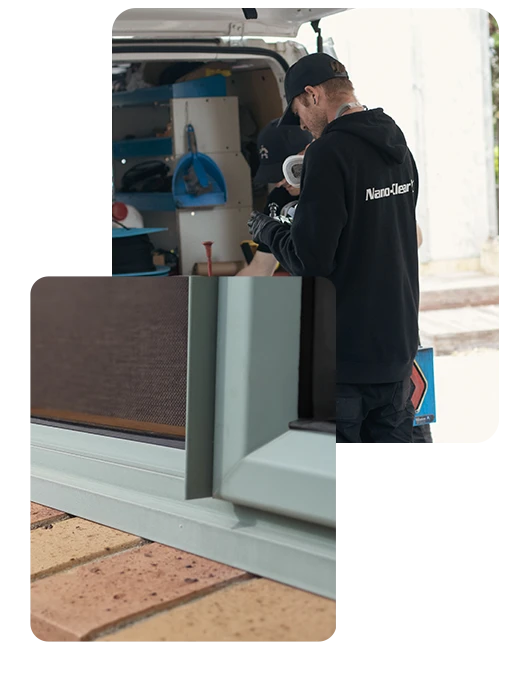Nano-Clear NZ technician preparing equipment beside a service van, with restored aluminium window joinery displaying a smooth, renewed grey finish.